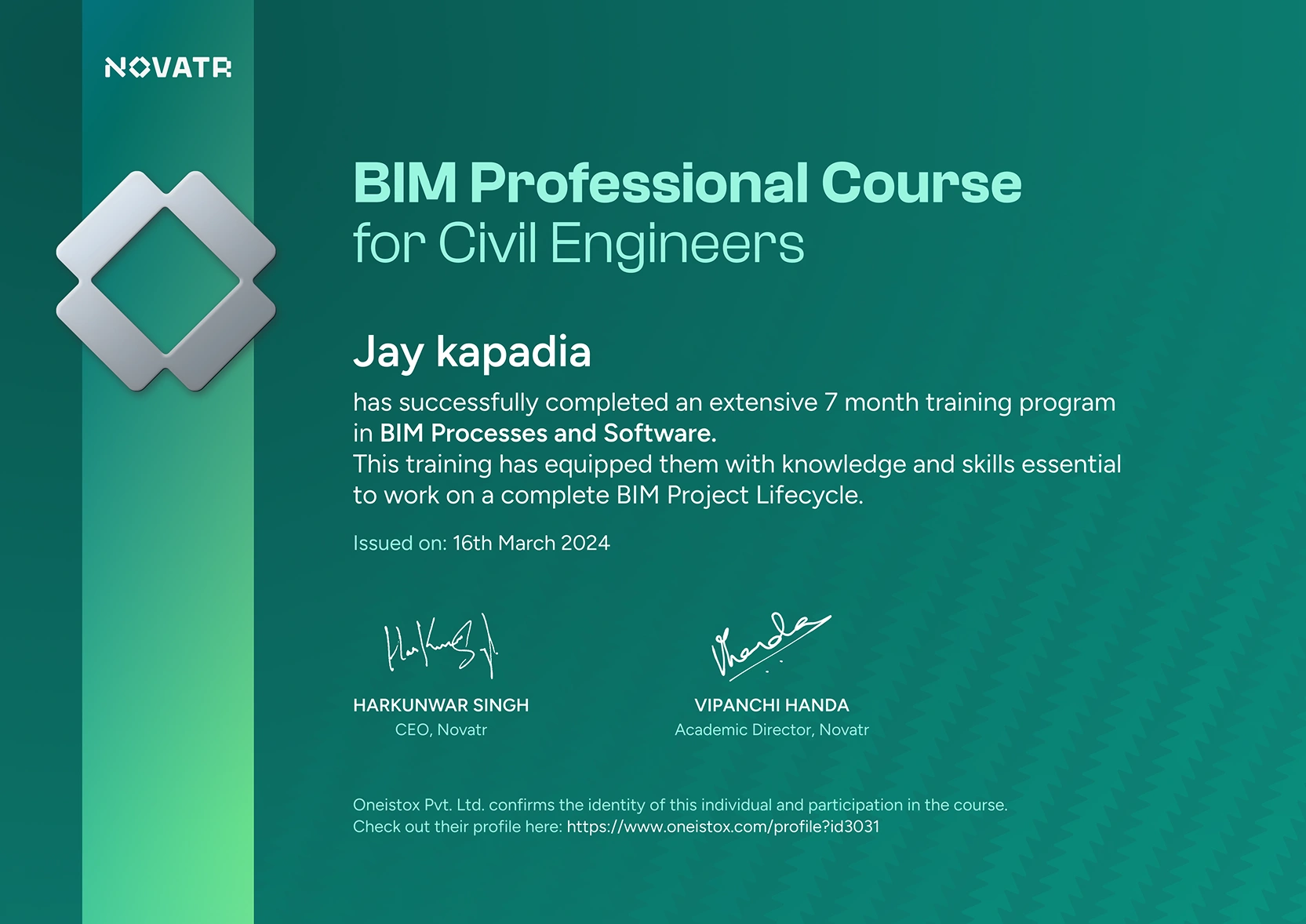 Novatr Program Certificate